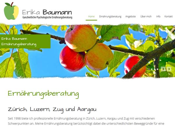 Webdesign, Grafikdesign, Online-Shop und Suchmaschinenoptimierung für die Ernährungspsychologische Beratung Erika Baumann in Arni / Schweiz